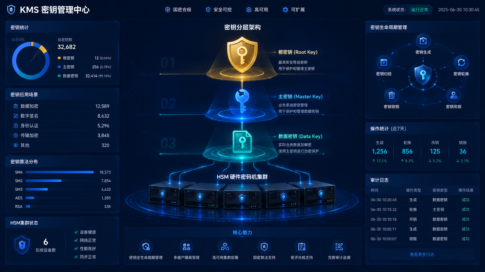 KMS 密钥管理中心分层密钥架构与生命周期管理界面