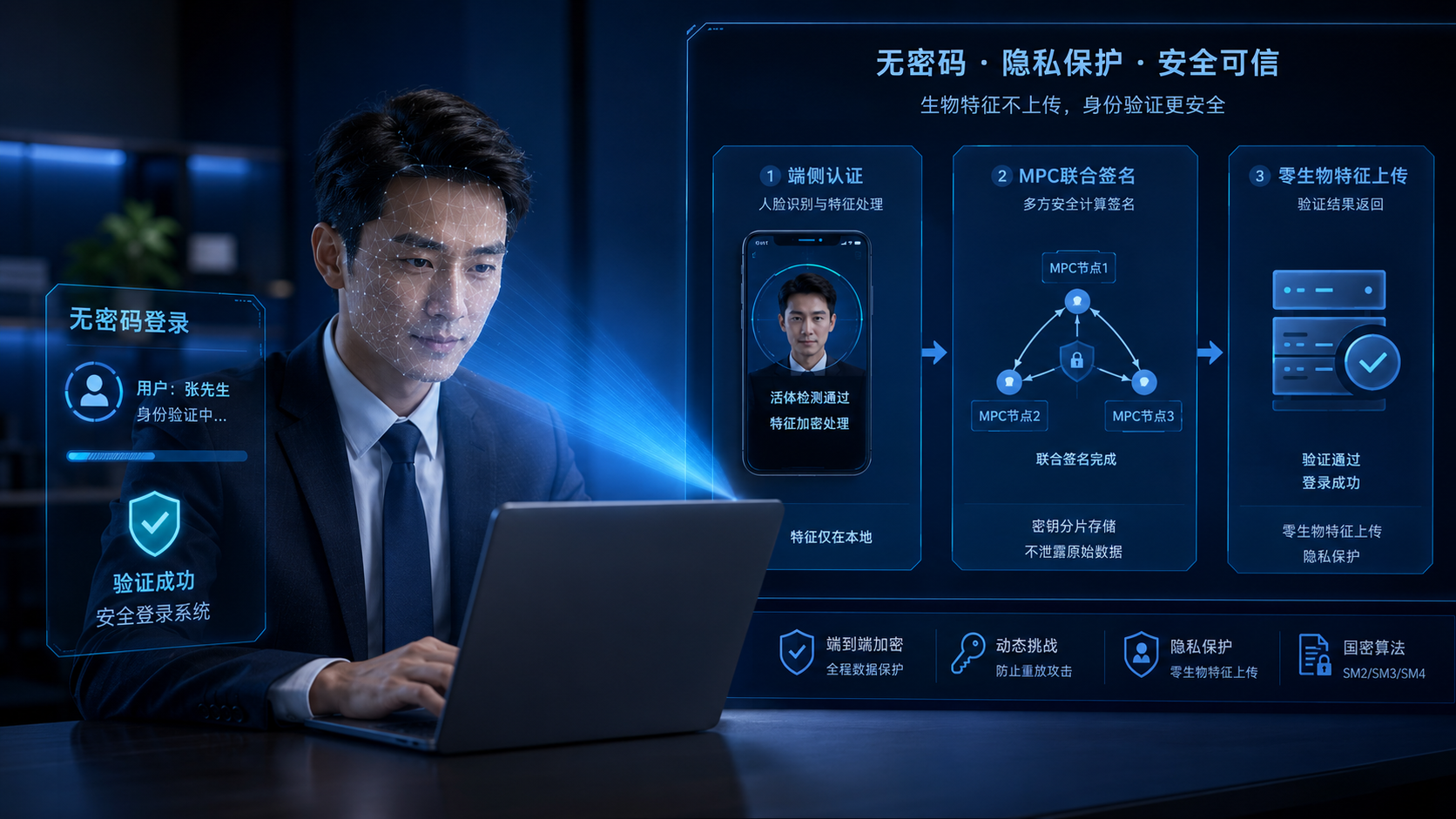 无密码可信认证系统端侧认证与MPC联合签名示意